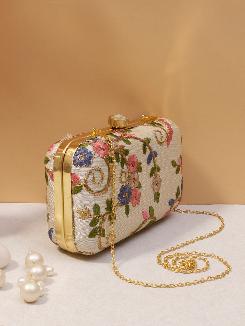 Elegant Cream Embroidered  Victorian Evening Clutch Bag