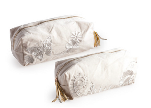 Cream embroidered cosmetic bag