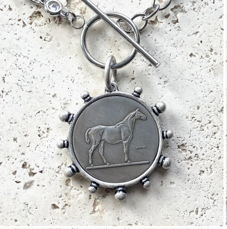 Horse on a coin with stainless steel and crystal chain and togel