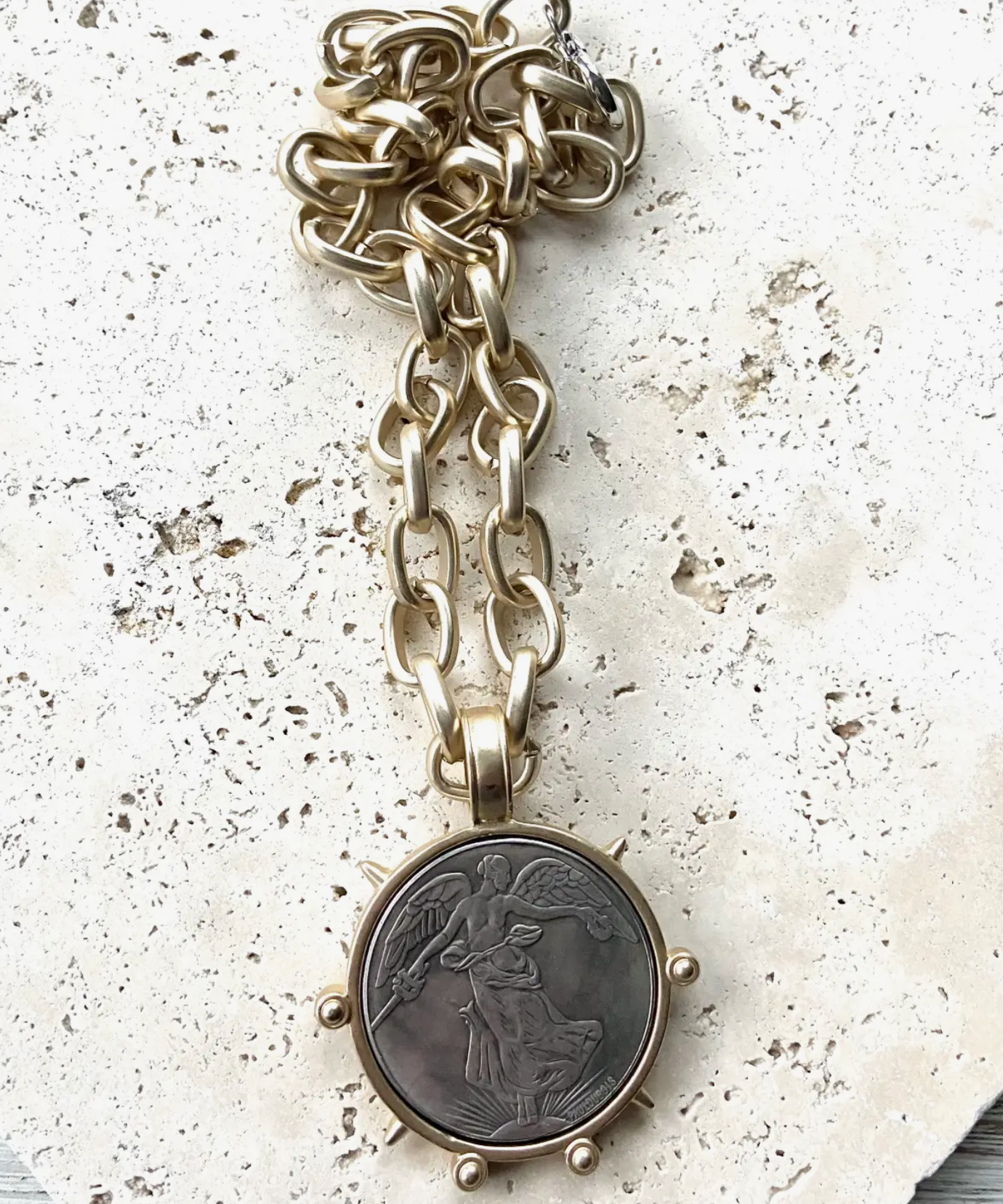Large French Coin Necklace with matte gold chain