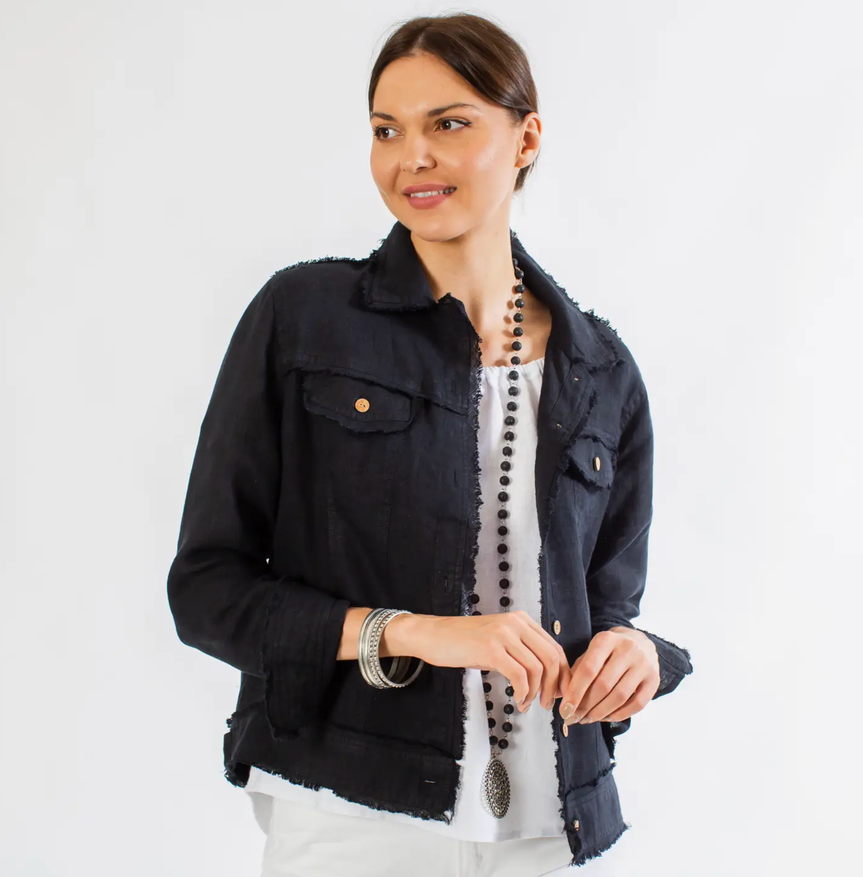 Linen frayed jacket- black