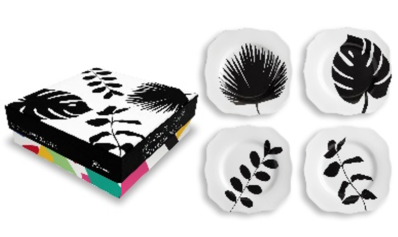Rosanna black and white leaf print gift plates