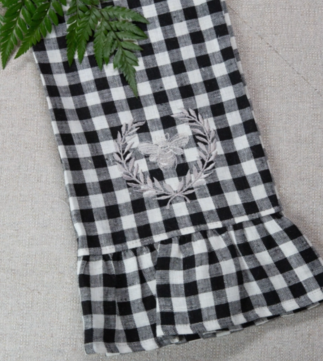 beautiful black and white checked 100% European linen embroidered (with a bee) towel. 