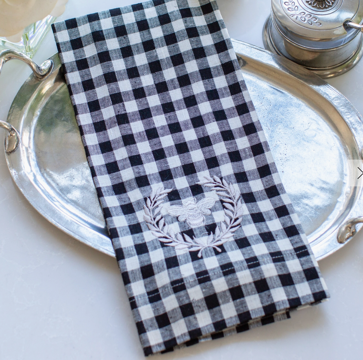 beautiful black and white checked 100% European linen embroidered (with a bee) towel. 
