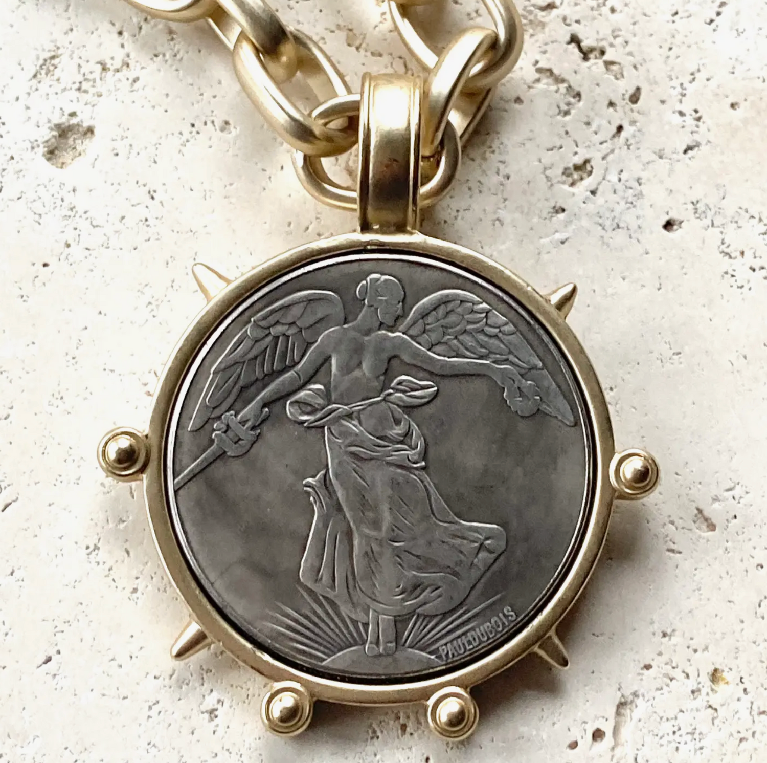 Large French Coin Necklace with matte gold chain