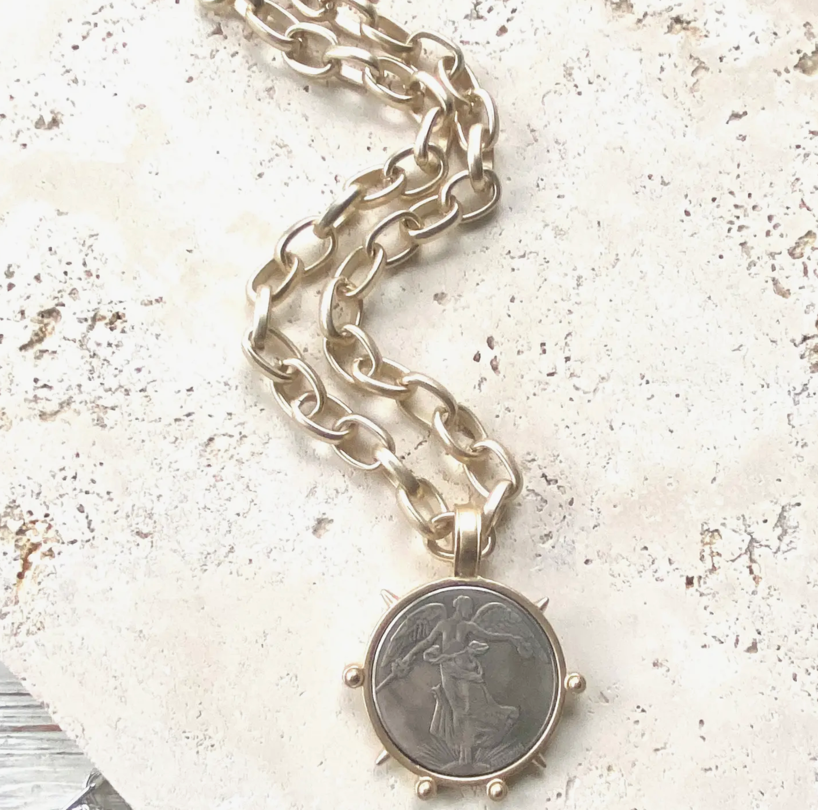 Large French Coin Necklace with matte gold chain