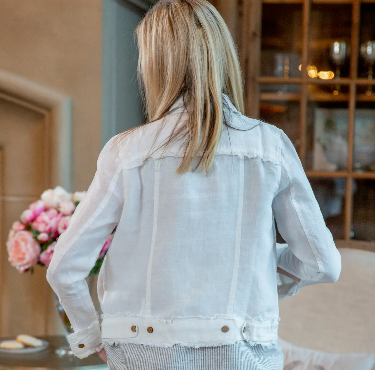 This flattering popular jacket is the perfect light weight jacket that goes with everything. It's the linen version of a denim jacket. Perfect for travel. A casual and comfortable jacket with frayed edges. Made in Ukraine. 