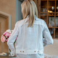 This flattering popular jacket is the perfect light weight jacket that goes with everything. It's the linen version of a denim jacket. Perfect for travel. A casual and comfortable jacket with frayed edges. Made in Ukraine. 