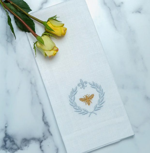 Stunning embroidered hand towel- the idea hostess gift!   Dress up that kitchen or bath with this beautiful 100% European linen embroidered towel. So many ways to add beauty to any part of your home. Machine wash and iron flat for a crisp look. Measures 17"x29".